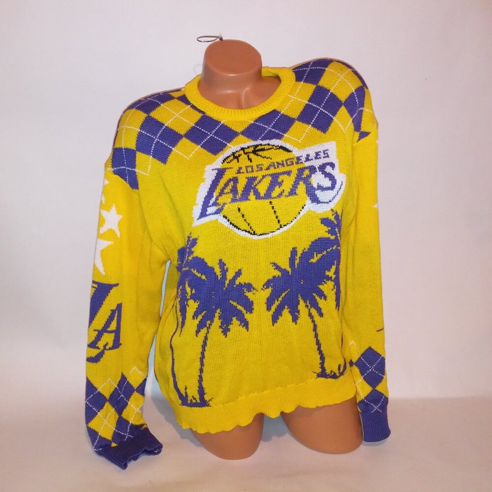 Ultra Game Lakers Sweater Womens Los Angeles Purple Yellow Basketball NBA Knit P